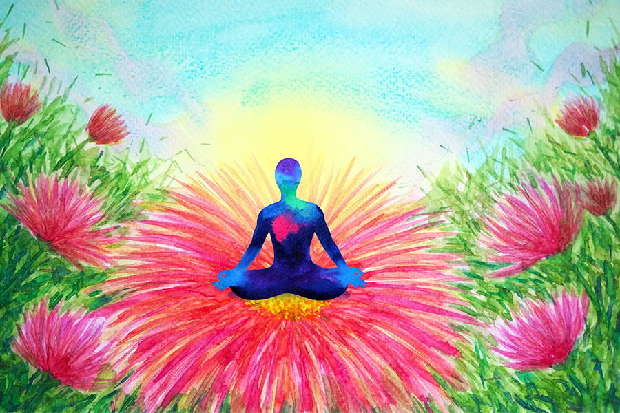 Watercolor painting symbolizing yoga and garden of flowers