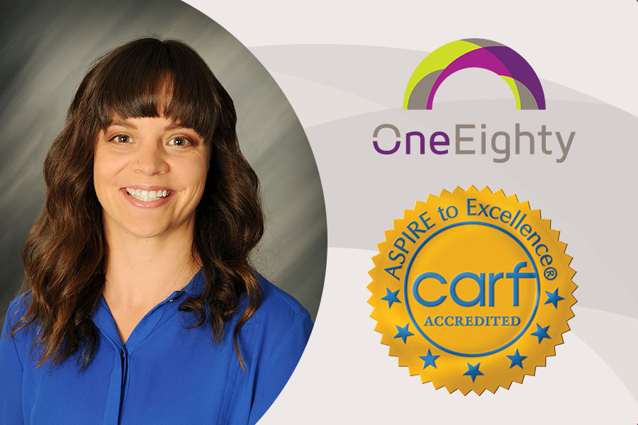 Portrait of Trish next OneEighty logo and CARF logo